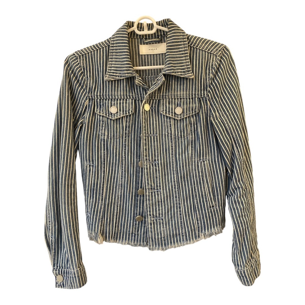 Blank NYC Evereve women’s striped jean jacket with distressed fringe bottom